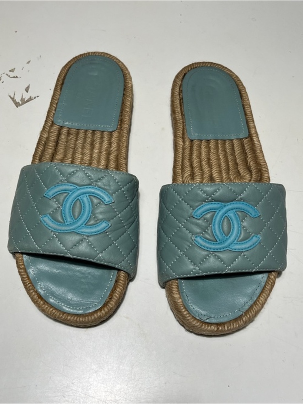 CHANEL Quilted Slide Sandals in Aqua and Rope